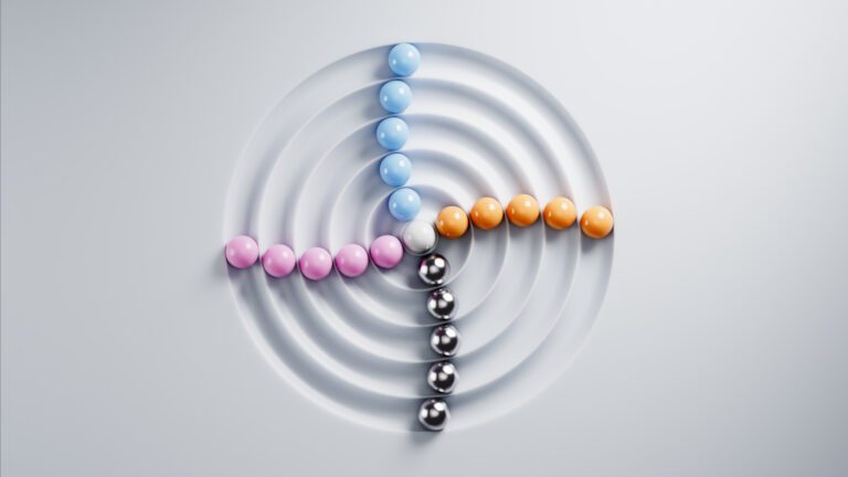 Colorful spheres converging on white concentric circles, minimalist design
